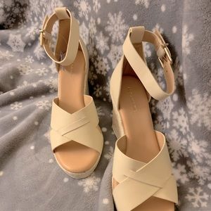 SEXY Alex Marie Wedge, ankle strapped, crossed band, espadrille wedge in bone.